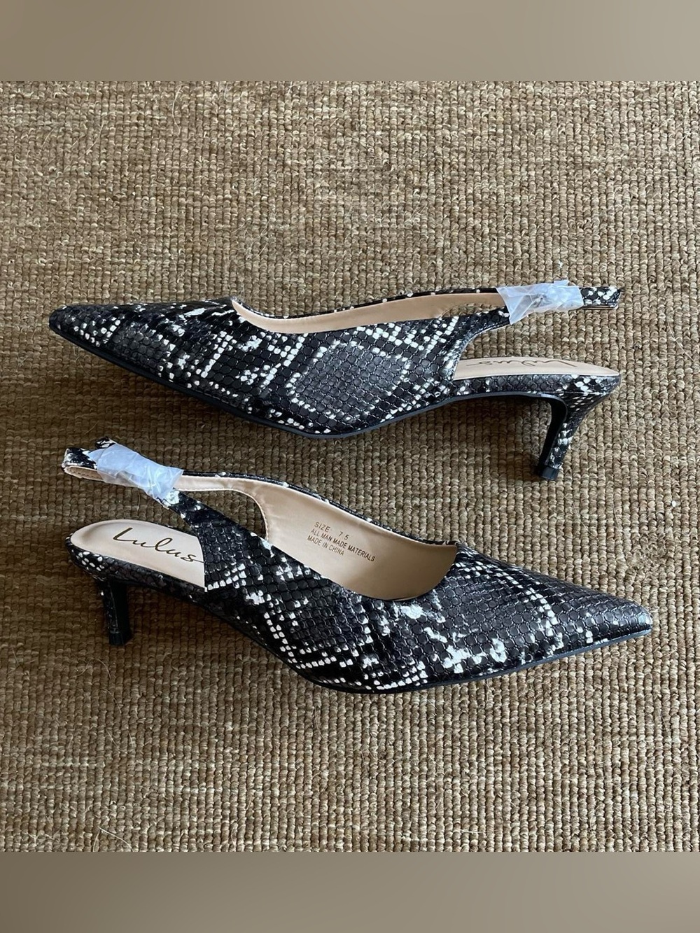 Lulu's Black and White Snake-Print Slingback Kitten Heels Womens 7.5